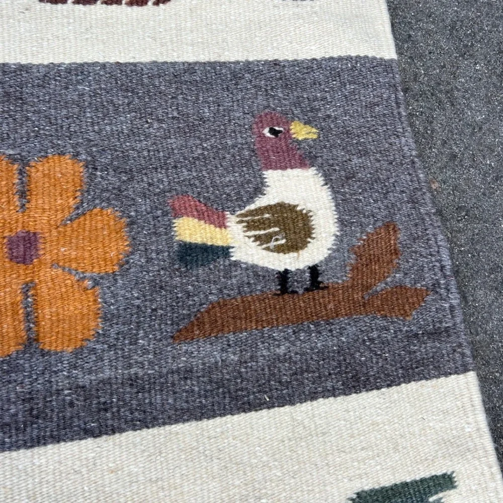 Vintage Handwoven Wool Bird Folk Art Wall Hanging Tapestry with Dowels 15x28